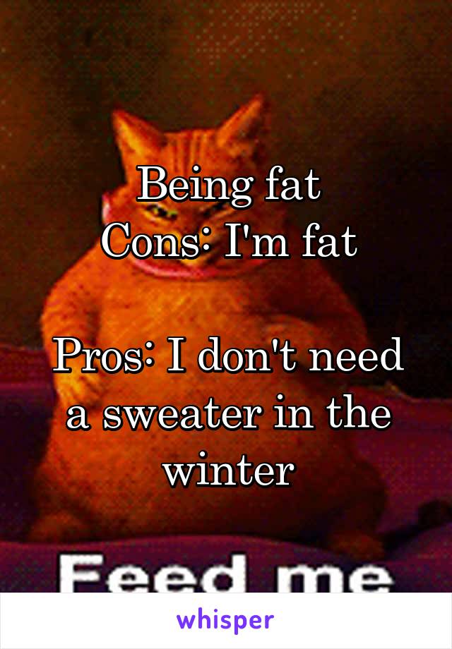 Being fat
Cons: I'm fat

Pros: I don't need a sweater in the winter