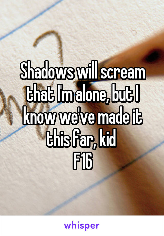 Shadows will scream that I'm alone, but I know we've made it this far, kid 
F16