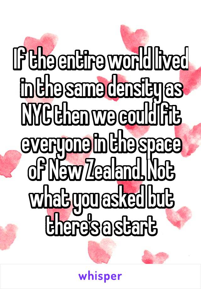 If the entire world lived in the same density as NYC then we could fit everyone in the space of New Zealand. Not what you asked but there's a start
