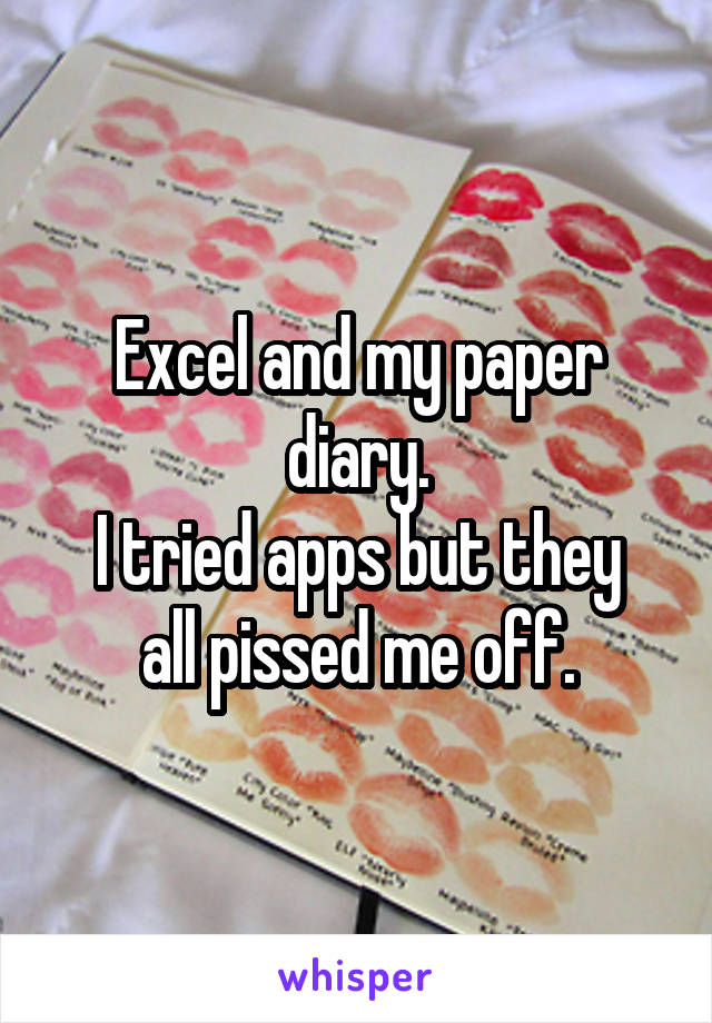 Excel and my paper diary.
I tried apps but they all pissed me off.
