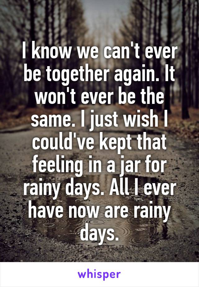 I know we can't ever be together again. It won't ever be the same. I just wish I could've kept that feeling in a jar for rainy days. All I ever have now are rainy days.