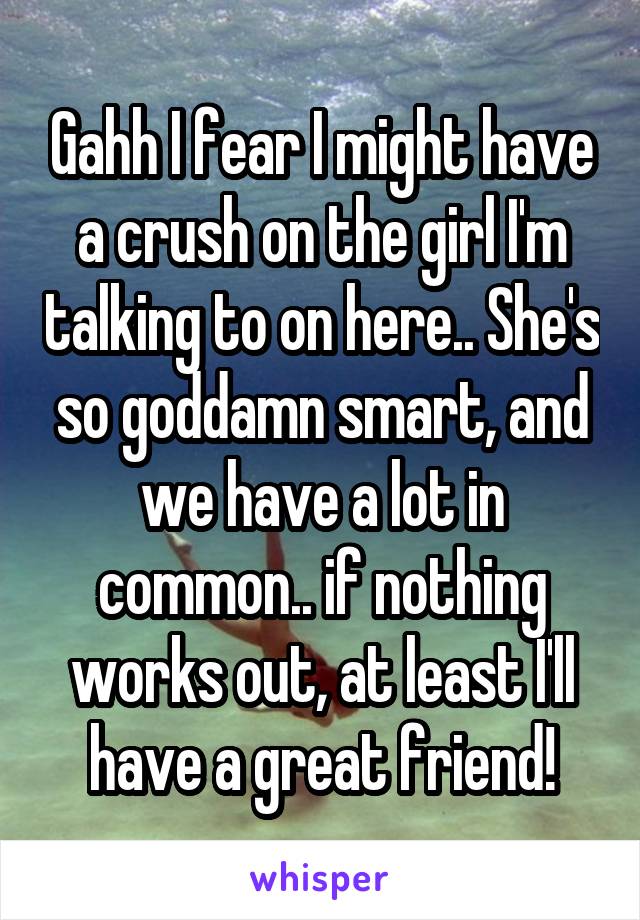 Gahh I fear I might have a crush on the girl I'm talking to on here.. She's so goddamn smart, and we have a lot in common.. if nothing works out, at least I'll have a great friend!