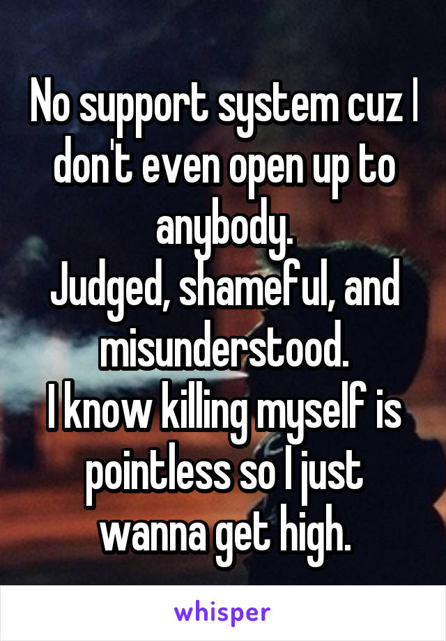 No support system cuz I don't even open up to anybody.
Judged, shameful, and misunderstood.
I know killing myself is pointless so I just wanna get high.
