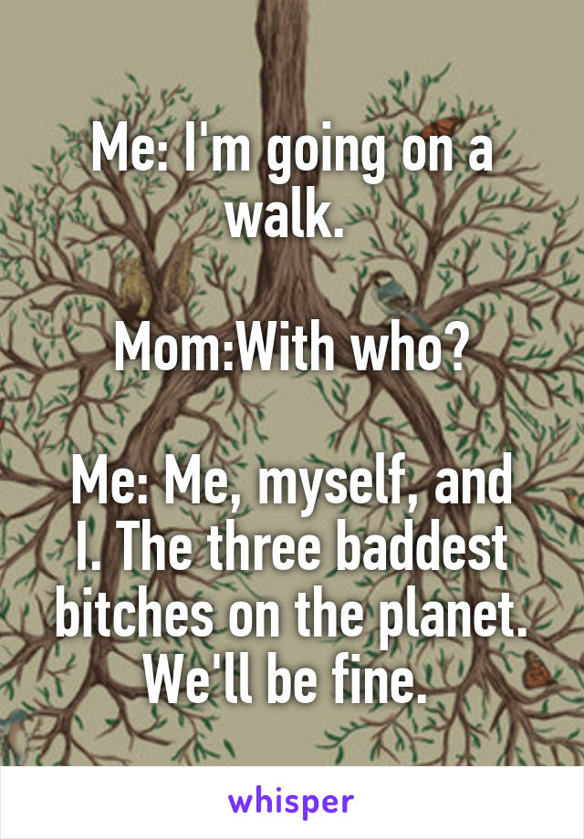 Me: I'm going on a walk. 

Mom:With who?

Me: Me, myself, and I. The three baddest bitches on the planet. We'll be fine. 