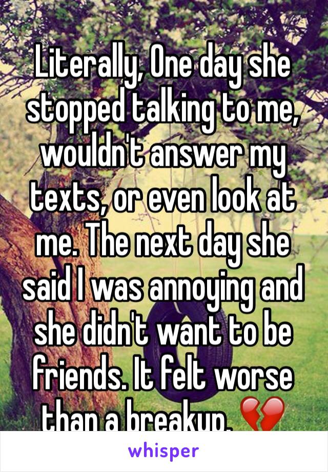 Literally, One day she stopped talking to me, wouldn't answer my texts, or even look at me. The next day she said I was annoying and she didn't want to be friends. It felt worse than a breakup. 💔