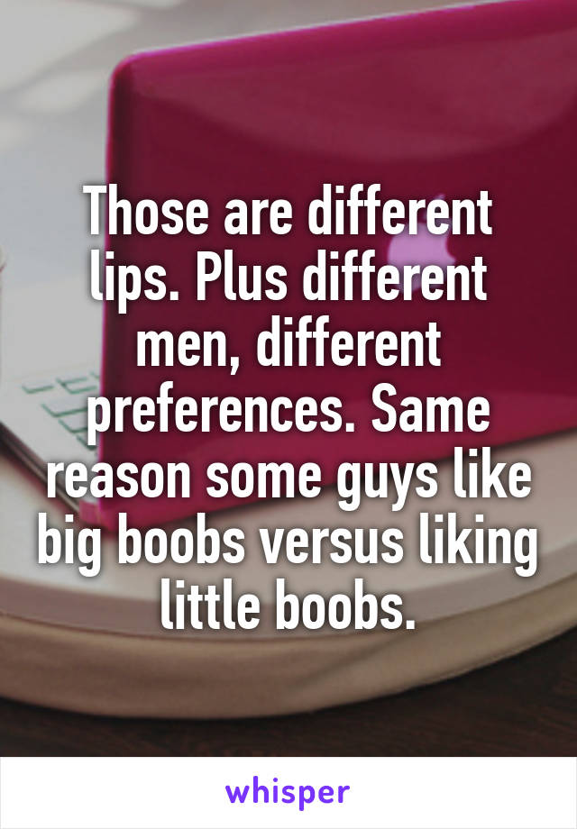 Those are different lips. Plus different men, different preferences. Same reason some guys like big boobs versus liking little boobs.
