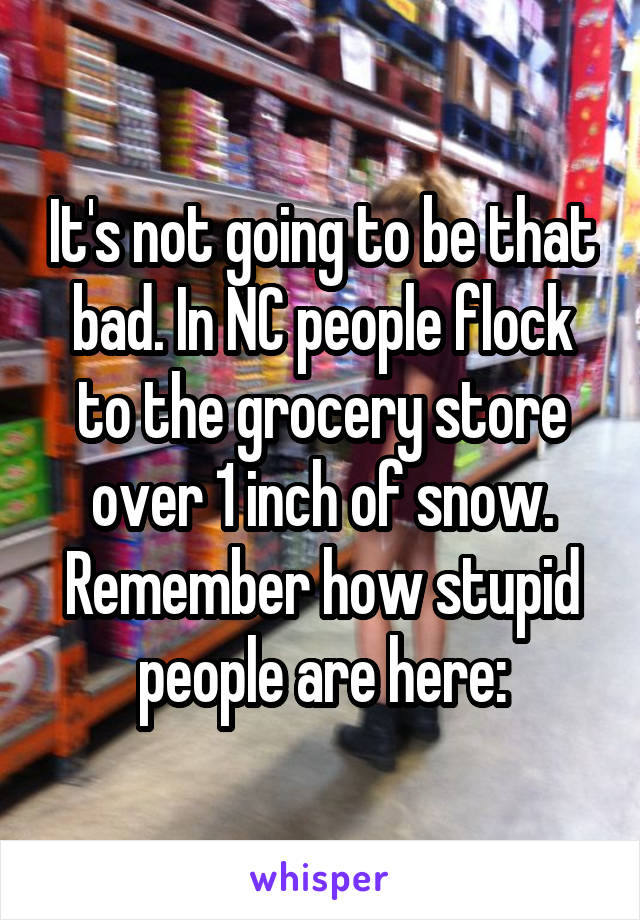 It's not going to be that bad. In NC people flock to the grocery store over 1 inch of snow. Remember how stupid people are here: