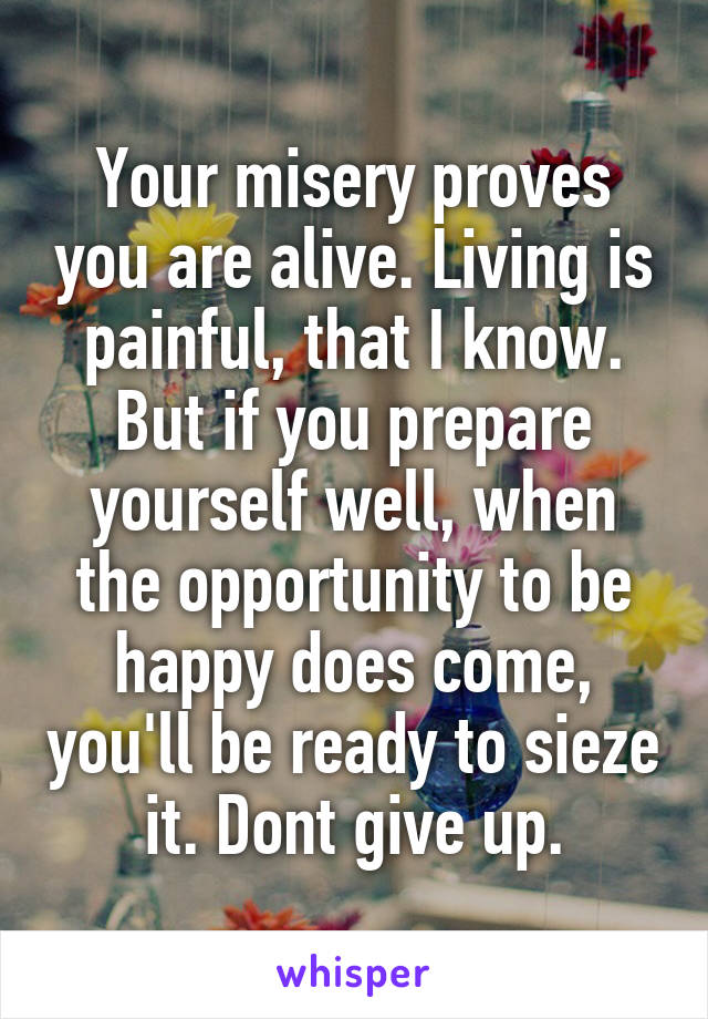 Your misery proves you are alive. Living is painful, that I know. But if you prepare yourself well, when the opportunity to be happy does come, you'll be ready to sieze it. Dont give up.