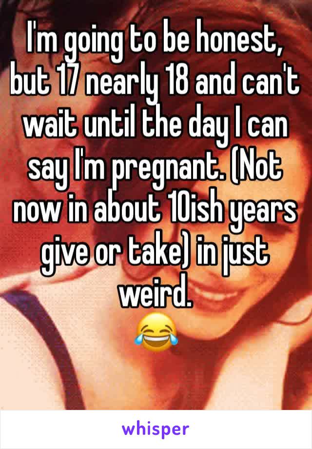 I'm going to be honest, but 17 nearly 18 and can't wait until the day I can say I'm pregnant. (Not now in about 10ish years give or take) in just weird. 
😂

