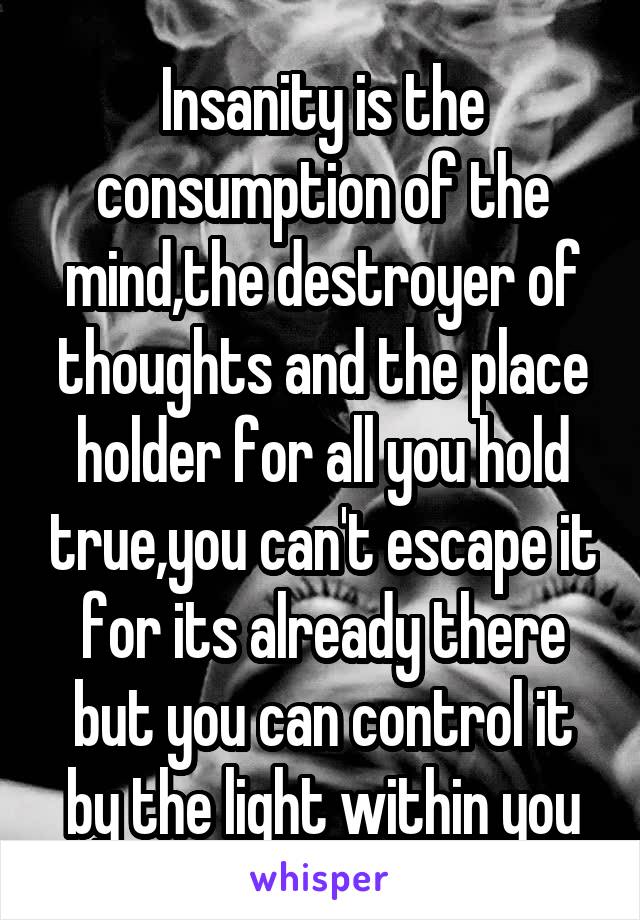 Insanity is the consumption of the mind,the destroyer of thoughts and the place holder for all you hold true,you can't escape it for its already there but you can control it by the light within you