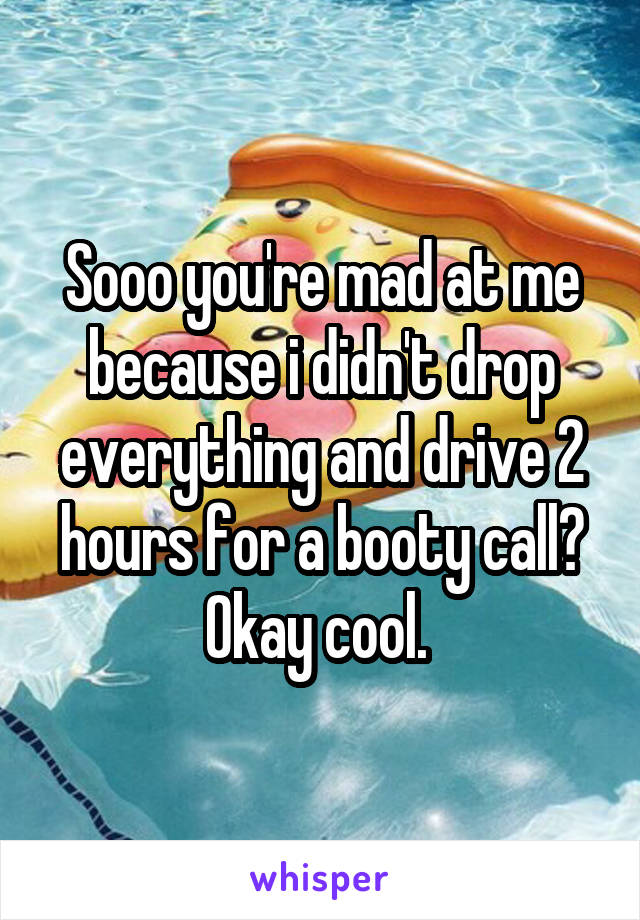 Sooo you're mad at me because i didn't drop everything and drive 2 hours for a booty call? Okay cool. 