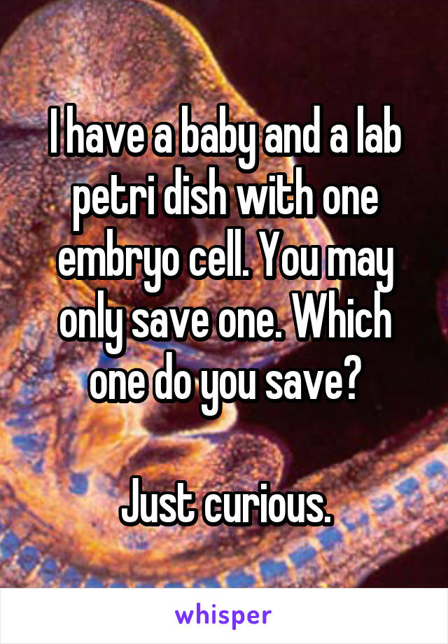 I have a baby and a lab petri dish with one embryo cell. You may only save one. Which one do you save?

Just curious.
