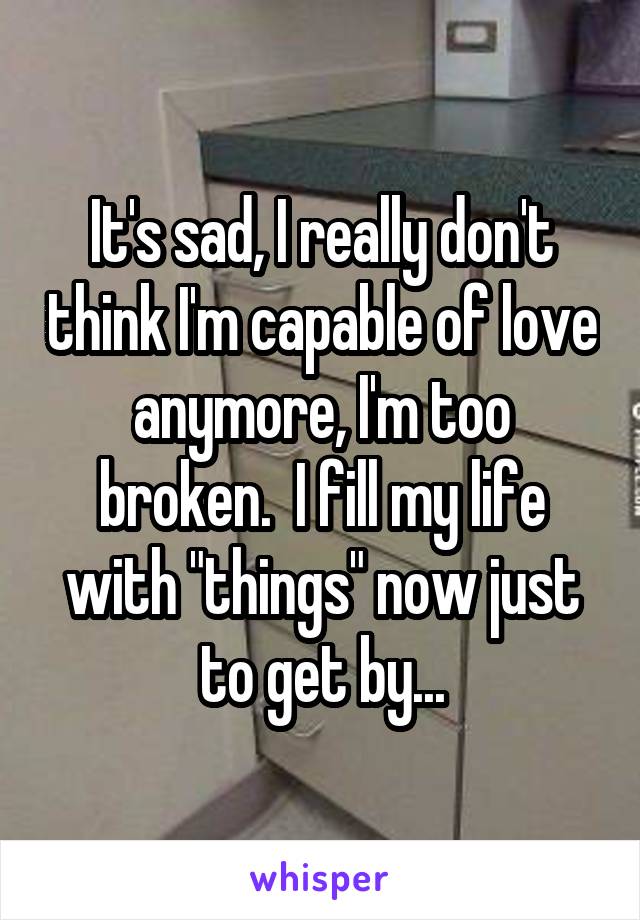 It's sad, I really don't think I'm capable of love anymore, I'm too broken.  I fill my life with "things" now just to get by...
