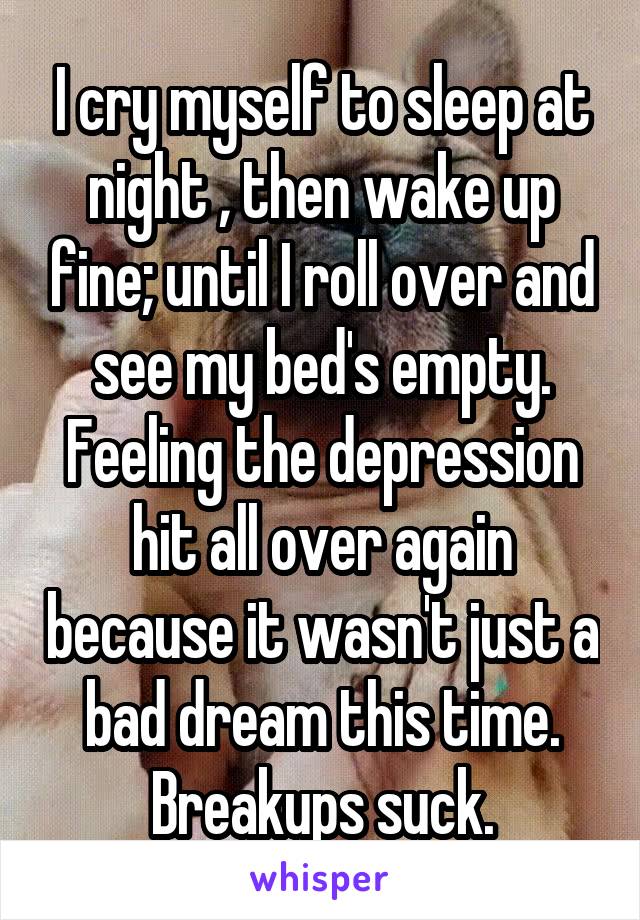 I cry myself to sleep at night , then wake up fine; until I roll over and see my bed's empty. Feeling the depression hit all over again because it wasn't just a bad dream this time. Breakups suck.