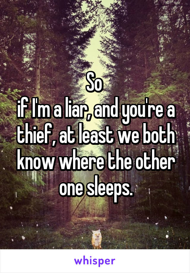 So 
if I'm a liar, and you're a thief, at least we both know where the other one sleeps.