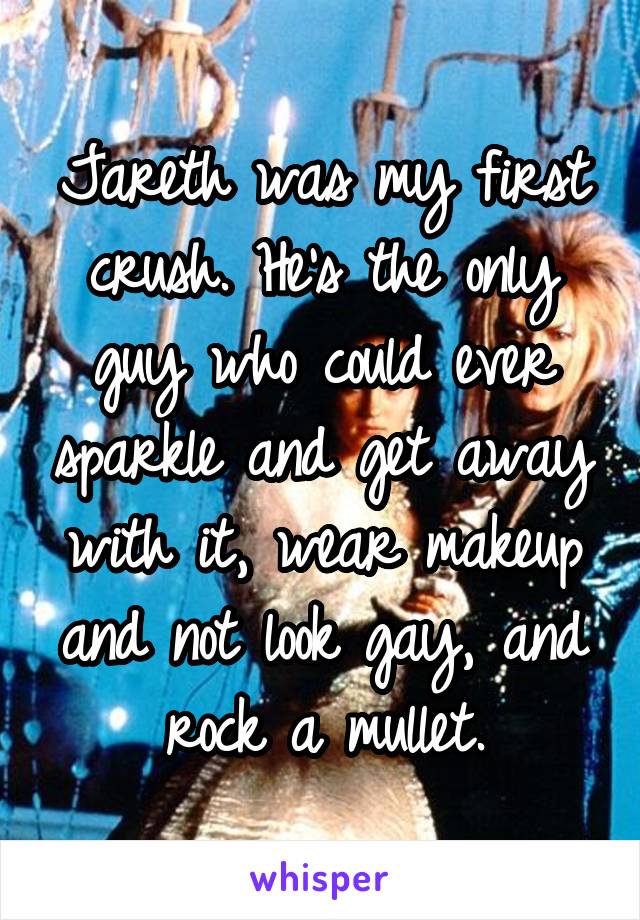Jareth was my first crush. He's the only guy who could ever sparkle and get away with it, wear makeup and not look gay, and rock a mullet.