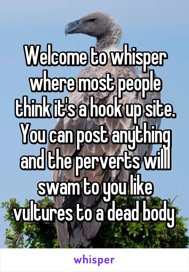 Welcome to whisper where most people think it's a hook up site. You can post anything and the perverts willl swam to you like vultures to a dead body 