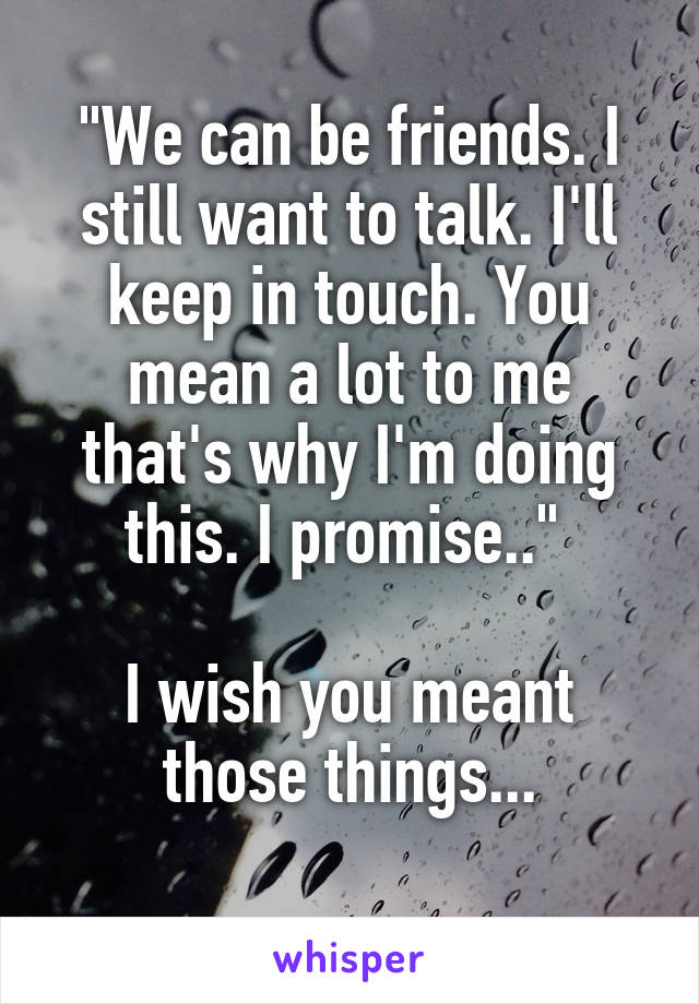 "We can be friends. I still want to talk. I'll keep in touch. You mean a lot to me that's why I'm doing this. I promise.." 

I wish you meant those things...
