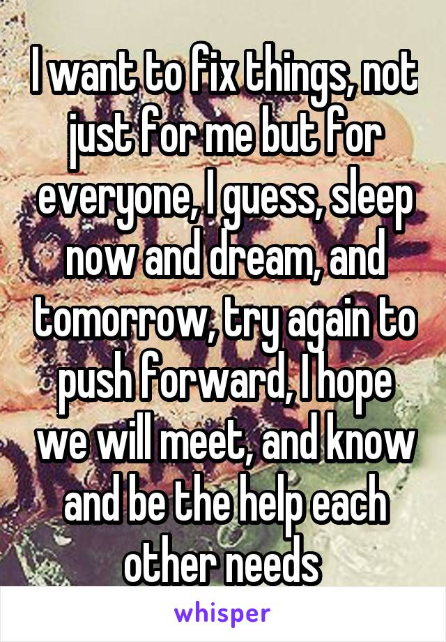 I want to fix things, not just for me but for everyone, I guess, sleep now and dream, and tomorrow, try again to push forward, I hope we will meet, and know and be the help each other needs 