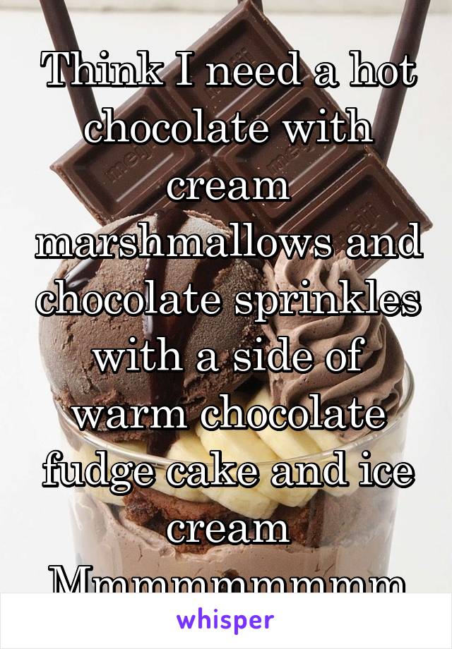 Think I need a hot chocolate with cream marshmallows and chocolate sprinkles with a side of warm chocolate fudge cake and ice cream
Mmmmmmmmm