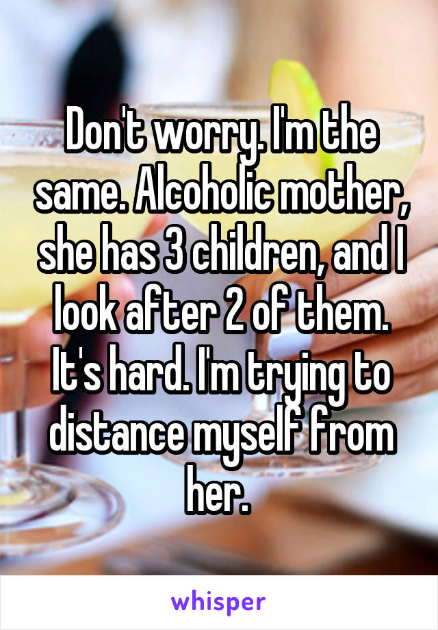 Don't worry. I'm the same. Alcoholic mother, she has 3 children, and I look after 2 of them. It's hard. I'm trying to distance myself from her. 