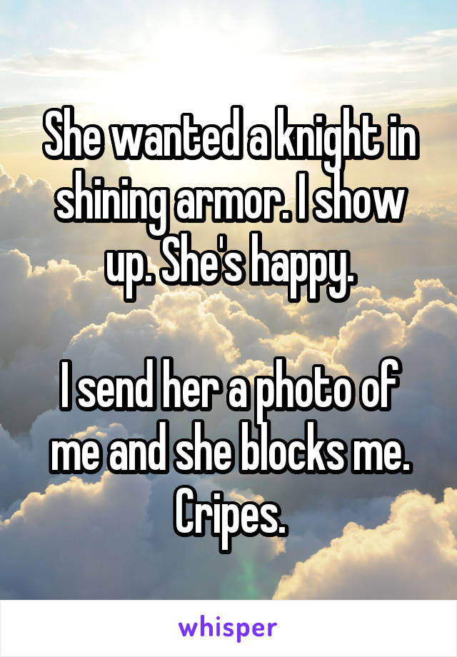 She wanted a knight in shining armor. I show up. She's happy.

I send her a photo of me and she blocks me. Cripes.