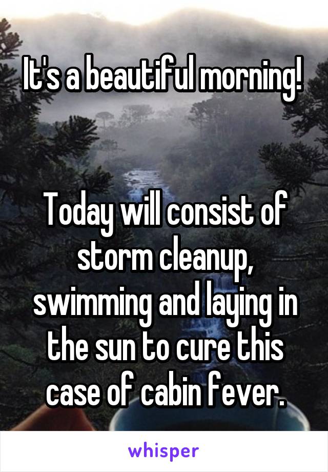 It's a beautiful morning!  

Today will consist of storm cleanup, swimming and laying in the sun to cure this case of cabin fever.