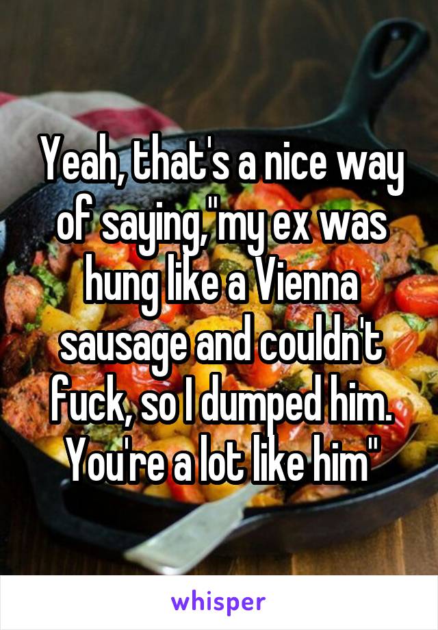 Yeah, that's a nice way of saying,"my ex was hung like a Vienna sausage and couldn't fuck, so I dumped him. You're a lot like him"