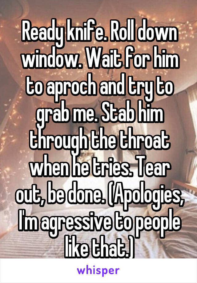 Ready knife. Roll down window. Wait for him to aproch and try to grab me. Stab him through the throat when he tries. Tear out, be done. (Apologies, I'm agressive to people like that.)