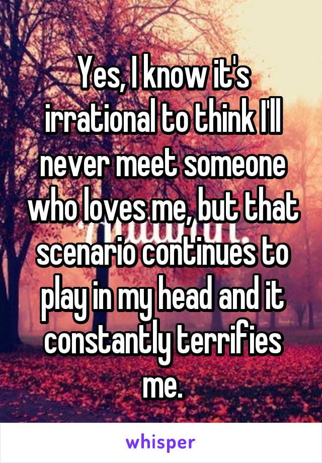 Yes, I know it's irrational to think I'll never meet someone who loves me, but that scenario continues to play in my head and it constantly terrifies me.