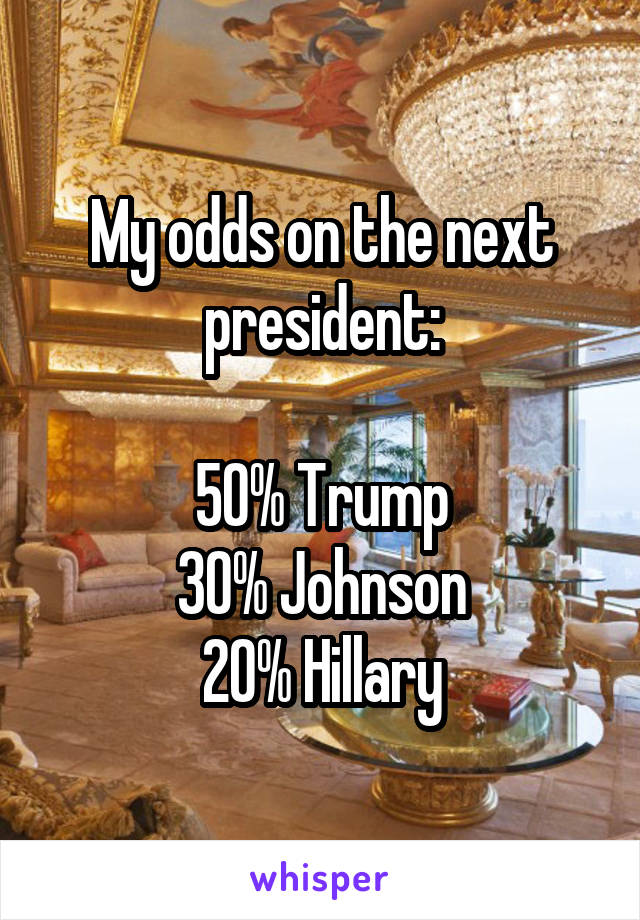 My odds on the next president:

50% Trump
30% Johnson
20% Hillary
