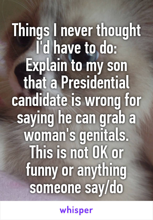 Things I never thought I'd have to do:
Explain to my son that a Presidential candidate is wrong for saying he can grab a woman's genitals.
This is not OK or funny or anything someone say/do