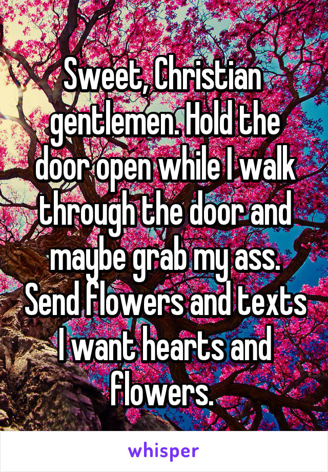Sweet, Christian  gentlemen. Hold the door open while I walk through the door and maybe grab my ass. Send flowers and texts I want hearts and flowers. 
