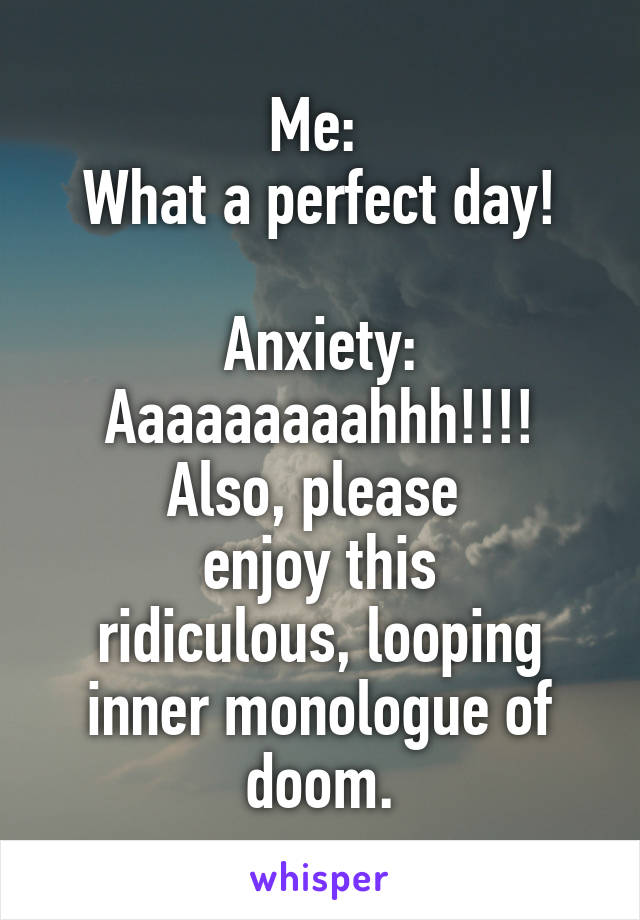 Me: 
What a perfect day!

Anxiety:
Aaaaaaaaahhh!!!!
Also, please 
enjoy this
ridiculous, looping inner monologue of doom.