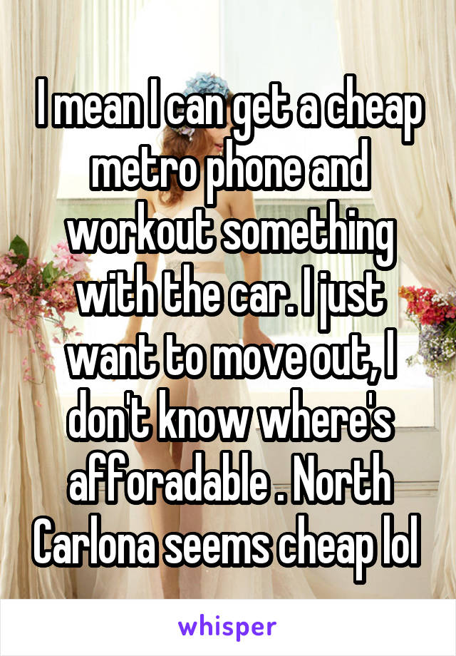 I mean I can get a cheap metro phone and workout something with the car. I just want to move out, I don't know where's afforadable . North Carlona seems cheap lol 