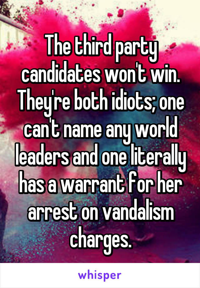The third party candidates won't win. They're both idiots; one can't name any world leaders and one literally has a warrant for her arrest on vandalism charges.
