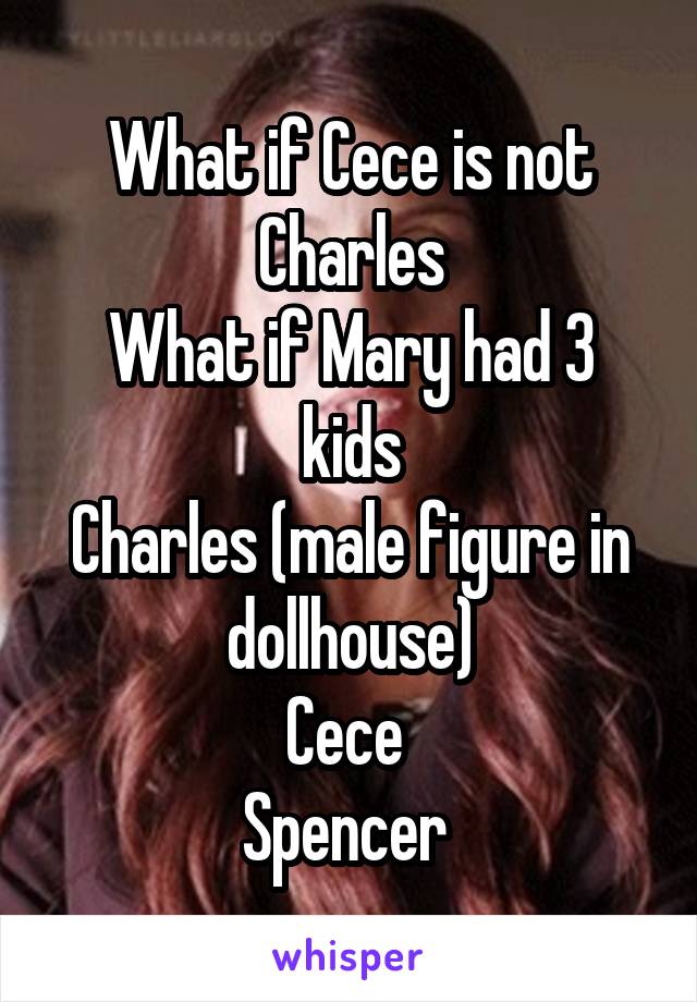 What if Cece is not Charles
What if Mary had 3 kids
Charles (male figure in dollhouse)
Cece 
Spencer 
