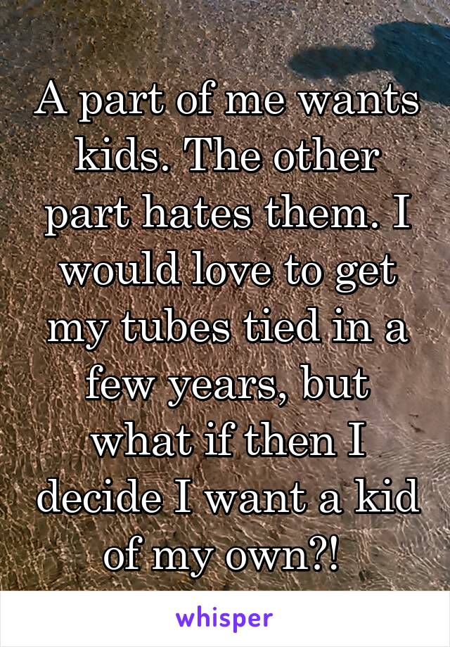 A part of me wants kids. The other part hates them. I would love to get my tubes tied in a few years, but what if then I decide I want a kid of my own?! 