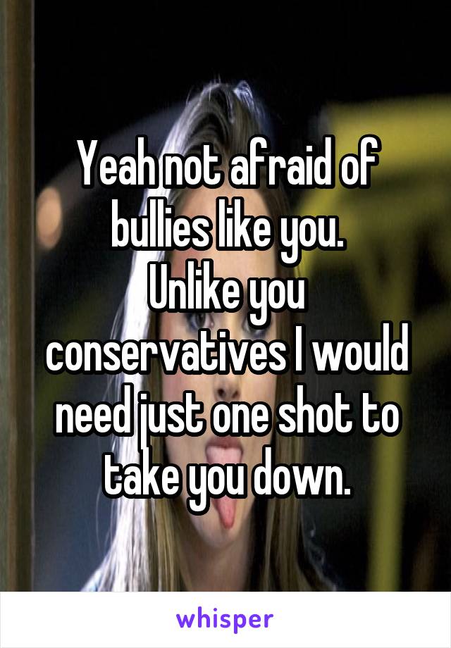Yeah not afraid of bullies like you.
Unlike you conservatives I would need just one shot to take you down.