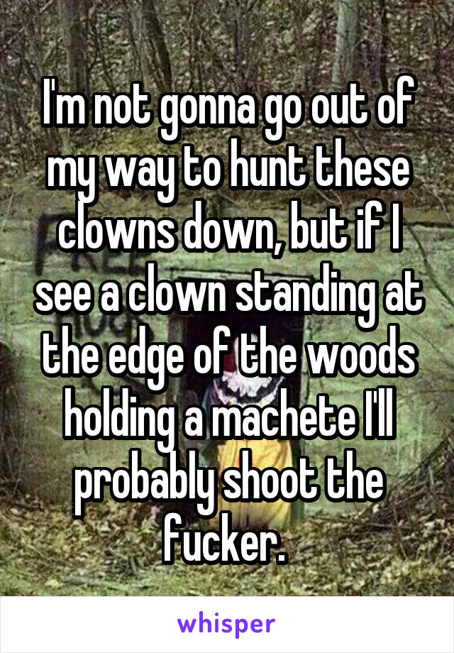 I'm not gonna go out of my way to hunt these clowns down, but if I see a clown standing at the edge of the woods holding a machete I'll probably shoot the fucker. 