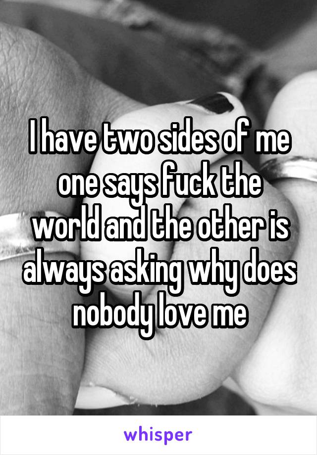 I have two sides of me one says fuck the world and the other is always asking why does nobody love me