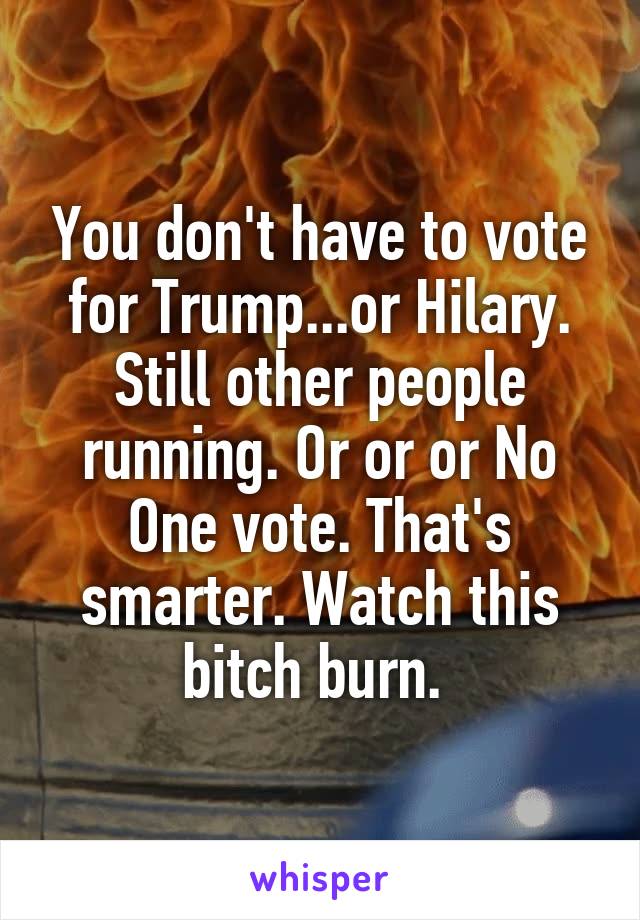 You don't have to vote for Trump...or Hilary. Still other people running. Or or or No One vote. That's smarter. Watch this bitch burn. 