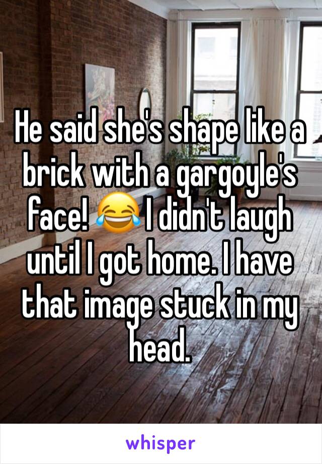 He said she's shape like a brick with a gargoyle's face! 😂 I didn't laugh until I got home. I have that image stuck in my head. 