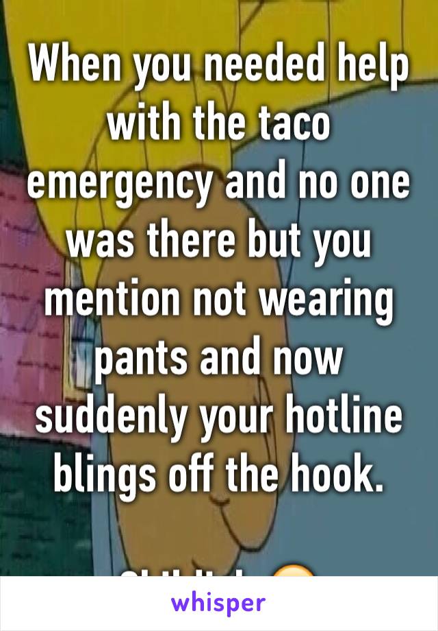 When you needed help with the taco emergency and no one was there but you mention not wearing pants and now suddenly your hotline blings off the hook.

Childish 🙄