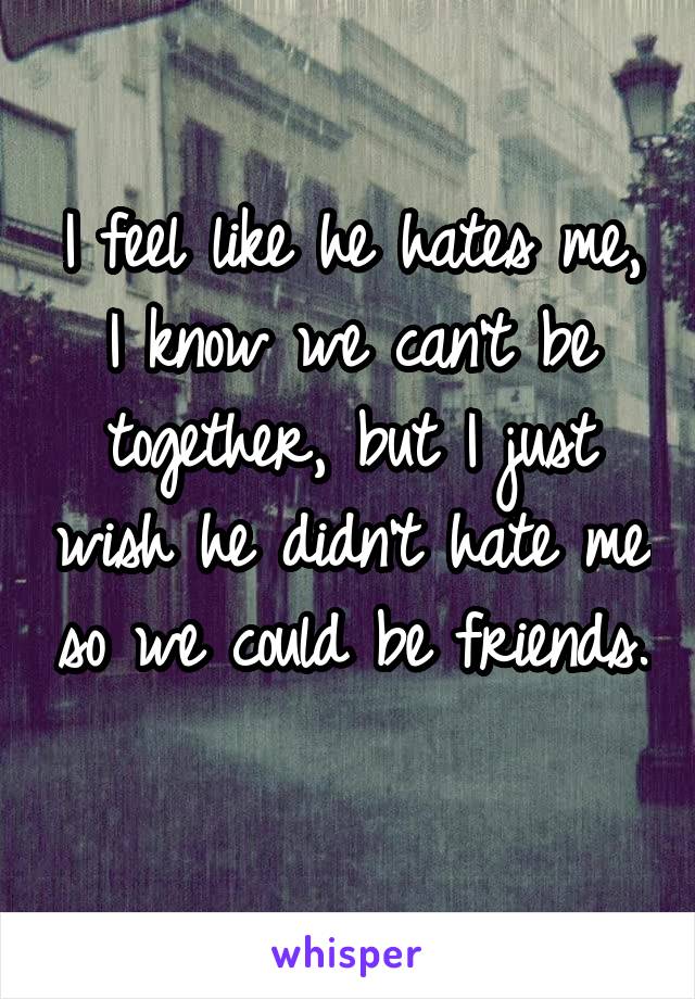 I feel like he hates me, I know we can't be together, but I just wish he didn't hate me so we could be friends. 