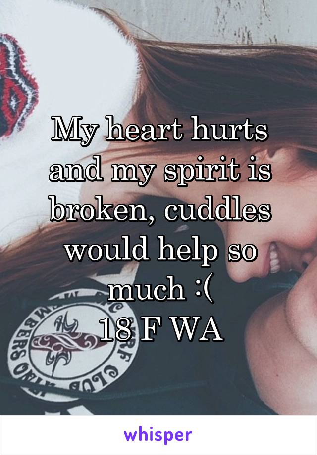 My heart hurts and my spirit is broken, cuddles would help so much :(
18 F WA
