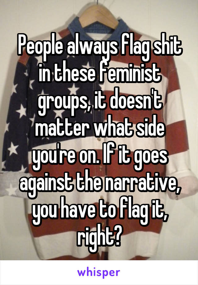 People always flag shit in these feminist groups, it doesn't matter what side you're on. If it goes against the narrative, you have to flag it, right?