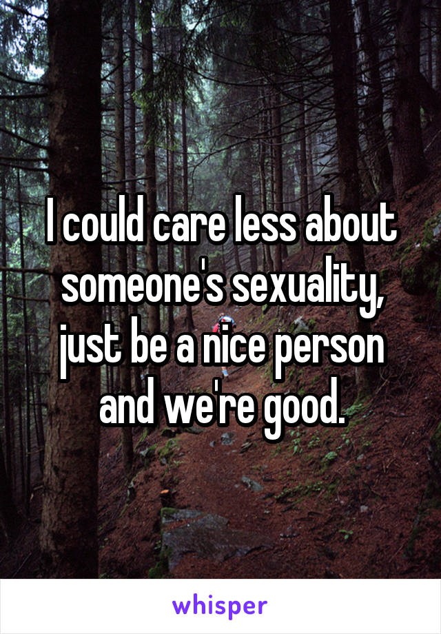 I could care less about someone's sexuality, just be a nice person and we're good.