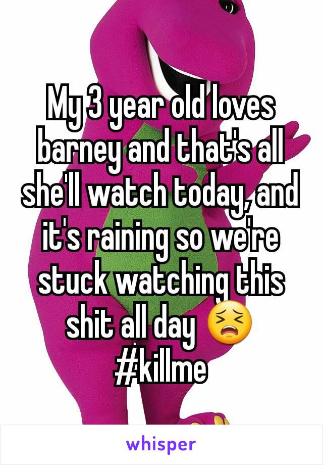 My 3 year old loves barney and that's all she'll watch today, and it's raining so we're stuck watching this shit all day 😣
#killme