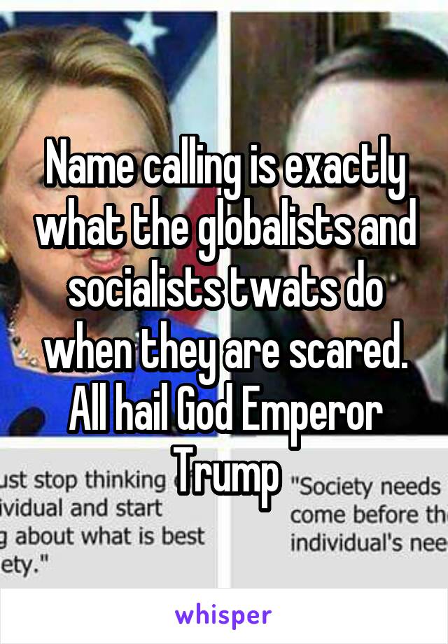 Name calling is exactly what the globalists and socialists twats do when they are scared. All hail God Emperor Trump